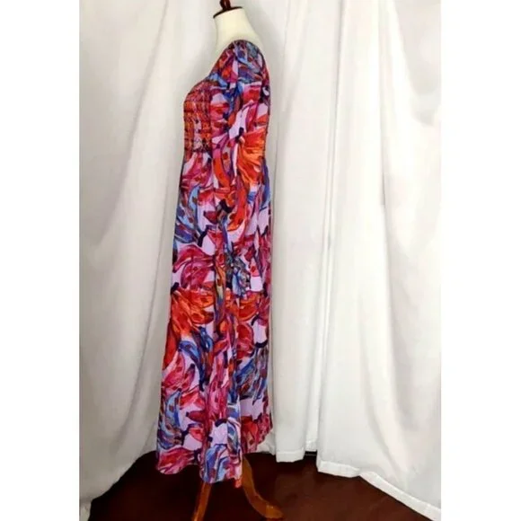 FARM Rio Maxi Dress L Coloured Bananas Puff Sleeves Smocked Tropical - Picture 7 of 15